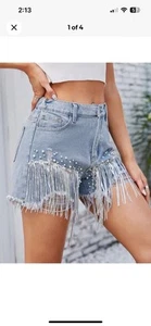 Distressed Light Denim Shorts w/Sequin Fringe, Rhinestones — M - Picture 1 of 5