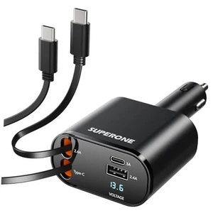Retractable Car Charger for iPhone with Dual Type C Cables, 4 in 1 USB C Car - Picture 1 of 7