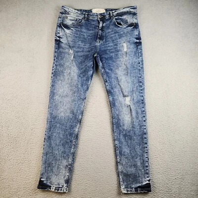 VTG Y2K Akademiks Jean Mens 38x32 Blue Slim Fit Skinny Acid Wash Graffiti Skater - Image 1 of 4
