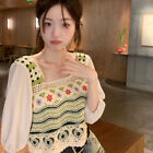 Summer Retro Square Collar Hollow Out Embroidery Patchwork Short Sleeve Knit Top