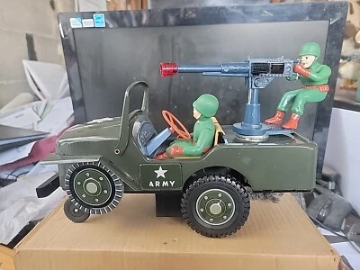 Masudaya MT Desert Patrol Jeep Tin Litho Battery Operated Bump and Go With Box.. - Image 1 of 4