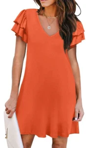 Short-Sleeve Dress Casual, V-Neck Pockets Ruffle Sleeve, Orange,Women's M - Picture 1 of 8