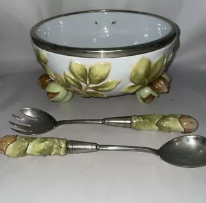 Antique German Musterschutz Hazelnut Salad Bowl Raised Relief Utensils EPNS Rim - Picture 1 of 22