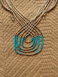 Sterling Silver and turquoise beaded necklace 5 strand - Picture 1 of 3