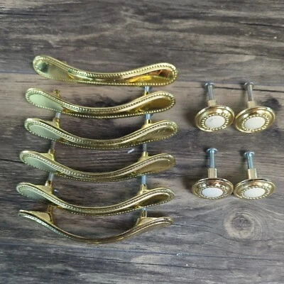 6 Vintage Beaded Gold Tone Brass Drawer/Cabinet Handle 4 Drawer Pull Knobs White - Image 1 of 4