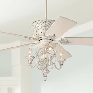 52" Vintage Chic Ceiling Fan with Light LED Crystal Chandelier White Living Room - Picture 1 of 5