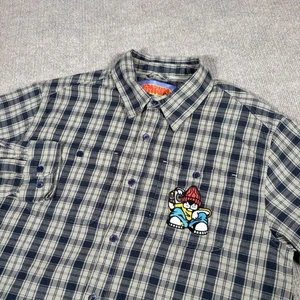 Empyre Flannel Shirt Mens M Beige Blue Plaid Embroidered Dog Logo Skate - Picture 1 of 9