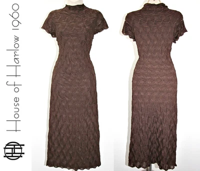 HOUSE OF HARLOW 1960 Mock Neck Stretch Scalloped Edges Midi Dress in Brown  sz L - Image 1 of 4