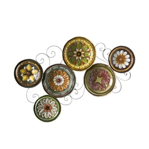 Scattered Italian Plates Wall Art - Multicolored Floral Designs - Durable Met... - Picture 1 of 6