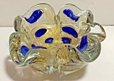 Vtg BIRKS Sommerso art glass bowl ashtray, BLUE GOLD original sticker 7" - Imagem 1 de 4