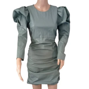 Zara Faux Leather Ruched Dress L Blogger Puff Sleeves Modern Avante Garde Sexy - Picture 1 of 20