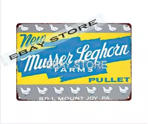 Musser Leghorn granjas aves pollo montaje en polea Joy PA retro placa de letrero de hojalata - Imagen 1 de 2