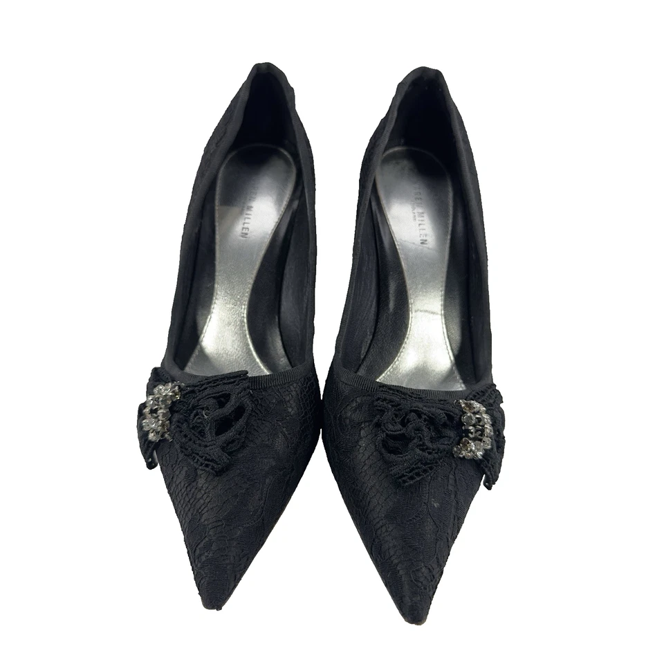 Tacones de tacón Karen Millen England de encaje negros talla 40 EE. UU. 9 estrás lazo punta en punta Foto 1 de 4