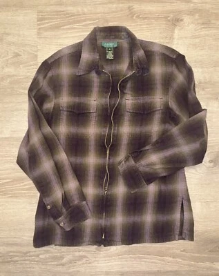 Chaqueta Ralph Lauren para mujer de franela a cuadros con cremallera mediana púrpura gris Foto 1 de 4