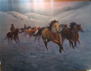 Original oil painting western horses running winter snow cowboys - Picture 1 of 1