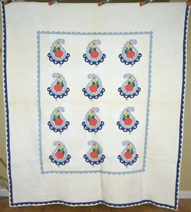 WELL QUILTED Vintage 30's Floral Poppy Tulip Paisley Applique Antique Quilt! - Picture 1 of 9