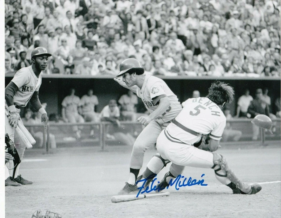 FELIX MILLAN  NEW YORK METS  W/ JOHNNY BENCH  ACTION SIGNED 8x10 - Image 1 of 1