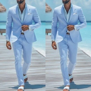 Summer Men's Sky Blue Linen Blend Suits Beach Wedding Jacket+Pant Slim Fit Suits - Picture 1 of 12