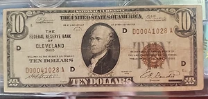 1929 BROWN SEAL FEDERAL RESERVE BANK of CLEVELAND OH TEN DOLLAR $10 DOLLAR BILL - Picture 1 of 12