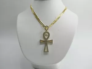 14K YELLOW GOLD COLOR CHAIN AND CROSS PENDANT OVER 925 STERLING SILVER - Picture 1 of 10