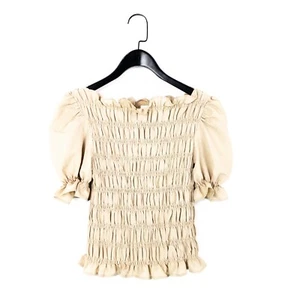 H&M Beige Puff Sleeve Ruffle Trim Fitted Shirred Blouse - Size XS - Picture 1 of 12
