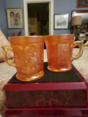 Pair (2) Northwood Singing Birds Marigold Carnival Glass Mugs Cups Antique EUC  - Image 1 of 4