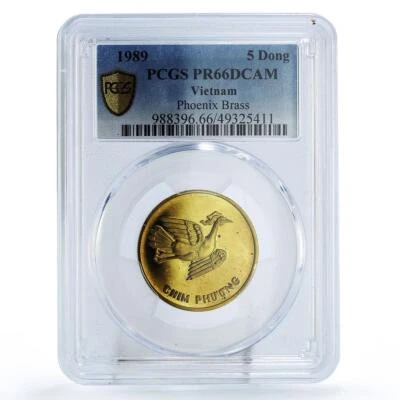 Vietnam 5 dong Ho Chi Minh Centennial Phoenix Bird PR66 PCGS brass coin 1989 - Image 1 of 2
