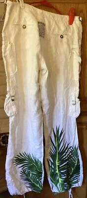 Pantalones cargo Da Nang vintage de lino blanco con hojas tropicales de palmeras árbol talla M 34 Foto 1 de 4