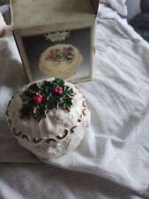 Vtg Crown Accents Covered Ceramic Round Box with Holly And Berries & Gold Trim