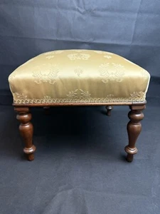 Vintage Mahogany Upholstered Footstool with Turned Legs and Gold Damask Fabric - Picture 1 of 22
