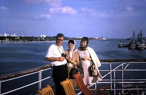 1966 Slide, Guests on Deck Vintage Cruise Ship, Military Vessels in Background - Picture 1 of 1