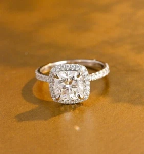 2.20 Ct Cushion-Cut Real Moissanite Halo Engagement Ring 14K White Gold Plated - Picture 1 of 7