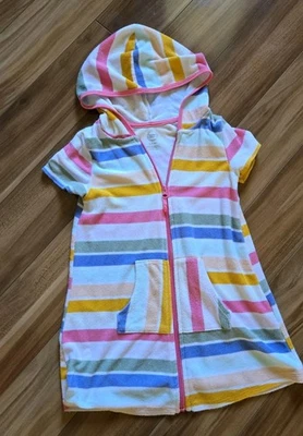 Wonder Nation Girls Swim Cover Up Jacket Terry Stripe S 6/6X Towel Coat Zip - Image 1 of 4