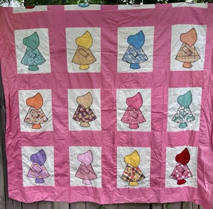 "Colcha vintage Sun Bonnet Sue 84"" x 72"" algodón aplicado rosa" - Imagen 1 de 9