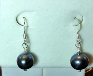 WOW BEAUTIFUL BLACK FRESH WATER PEARL 9 MM 1" STERLING SILVER DANGLE EARRINGS!! - Picture 1 of 12