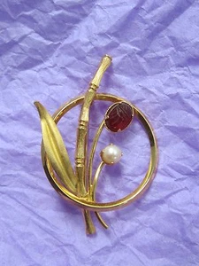 Vintage WINARD Gold Filled Bambus Brosche mit PERLE & SKARABÄUS - Bild 1 von 2