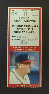 Atlanta Braves vs StL Cardinals Ticket Stub April 19, 1994 - Greg Maddux Start - Image 1 of 2