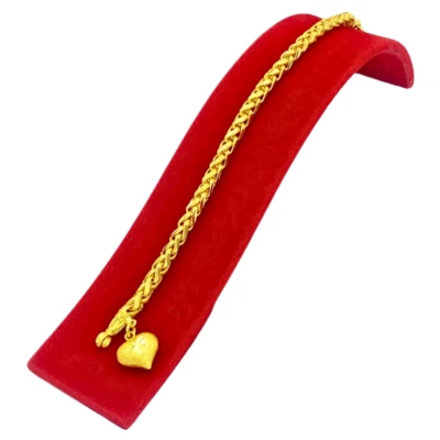 Bracelet Braid 24K GP Thai Baht Gold Plated Chain Charm Heart Pendant Jewelry - Image 1 of 4