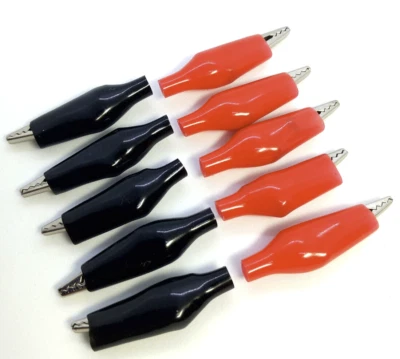 10 Insulated Crocodile clips - 5 Red + 5 Black Solder and Crimp Connect 28mm