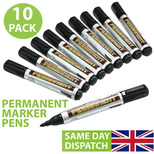 10 PERMANENT MARKER MARKING FELT PEN CHISEL BULLET TIP BLACK WATERPROOF BROAD - Picture 1 of 11