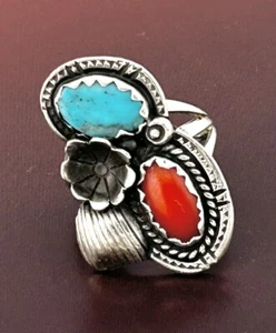 Native American Silver Turquoise And Coral Ring size 6.5 - Picture 1 of 4