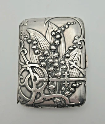 RARO Antiguo Estuche de Cigarrillos de Plata de Ley ART NOUVEAU Lirio del Valle Foto 1 de 4