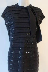 Womens St. John Evening Black Cap Sleeve Sequin Detail Pleated Knit Dress 10 - Picture 1 of 10