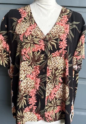 Hilo Hattie - Blusa manga corta con botones - Negra con piñas melocotón - Talla XL Foto 1 de 4