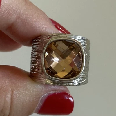 Lia Sophia “Peachy Keen” Ring w/Peach Crystal Stone Wide Textured Silver Band 6 - Image 1 of 4