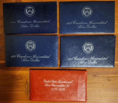 1971-76 Eisenhower dollars 40% silver COMPLETE SET blue/red pack blue chip Ike - Image 1 of 4
