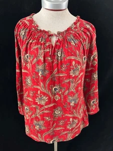 CHAPS blouse top size XL 3/4 sleeve smocked neckline red tan floral - Picture 1 of 6