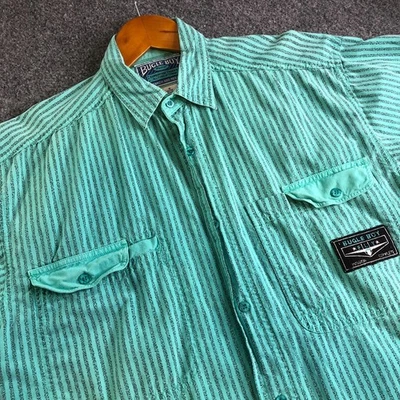 Bugle Boy Survivor Shirt Men Medium Teal Expedition Striped Button  90s Vintage - Image 1 of 4