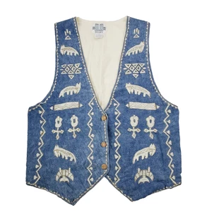 OO Designs 100% Cotton Western Style Vest Unisex Small Blue Denim Embroiled Rare - Picture 1 of 12