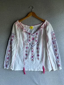 Roberta Roller Rabbit Blouse Womens XS White Embroidred Boho Peasant Relaxed - Picture 1 of 9